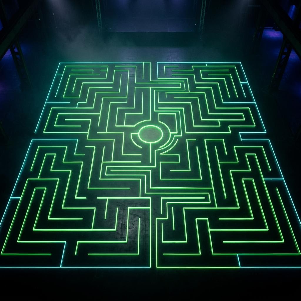 Sfeerbeeld van een verlicht doolhof
