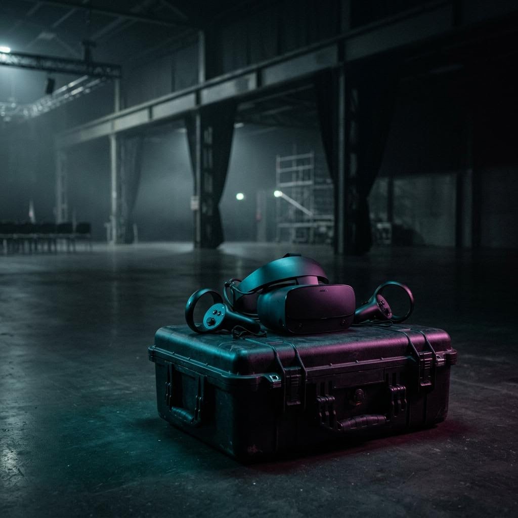 VR-headset en controllers in een donkere zaal